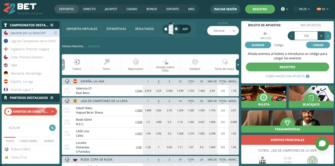 22bet Chile, página de inicio de apuestas deportivas